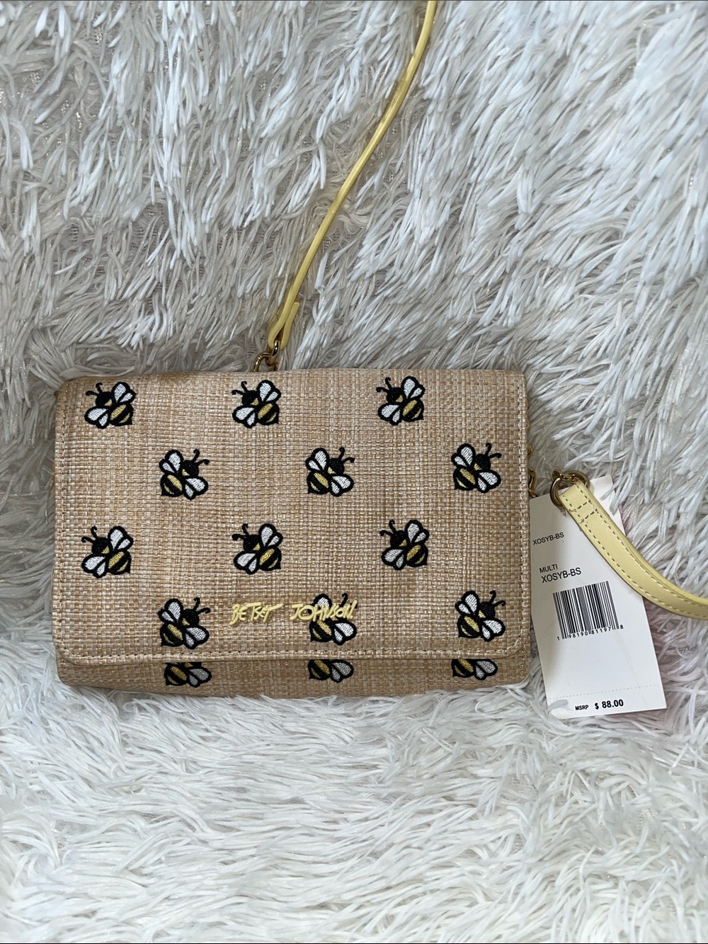 Betsey Johnson Straw Crossbody with Yellow Bee Embroidery